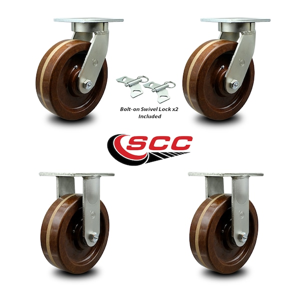 8 Inch Heavy Duty High Temp Phenolic Swivel Caster Swivel Locks 2 Rigid, 2PK